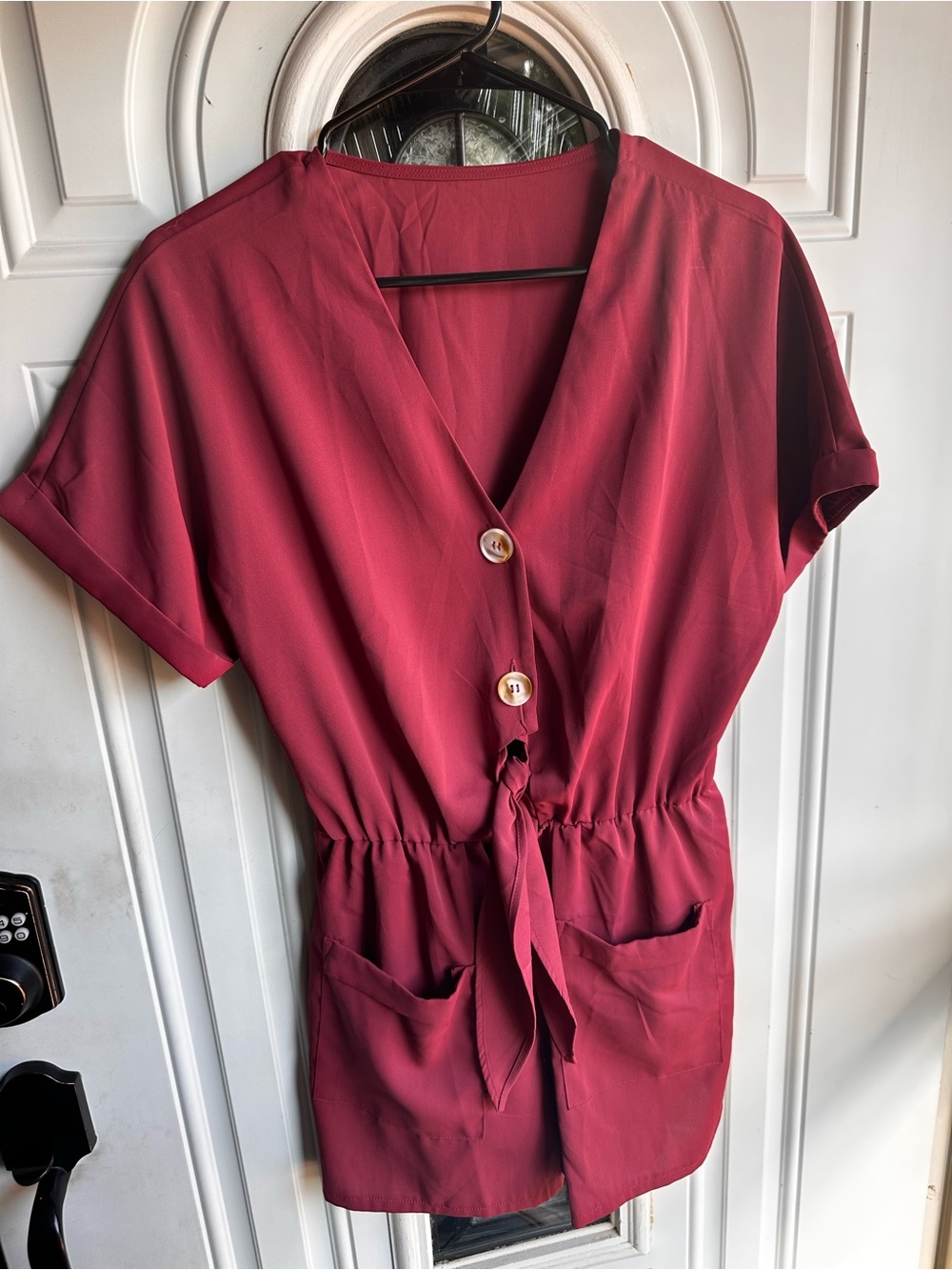 Women's Short Sleeve V-Neck Utility Jumpsuit Romper - Wine Red